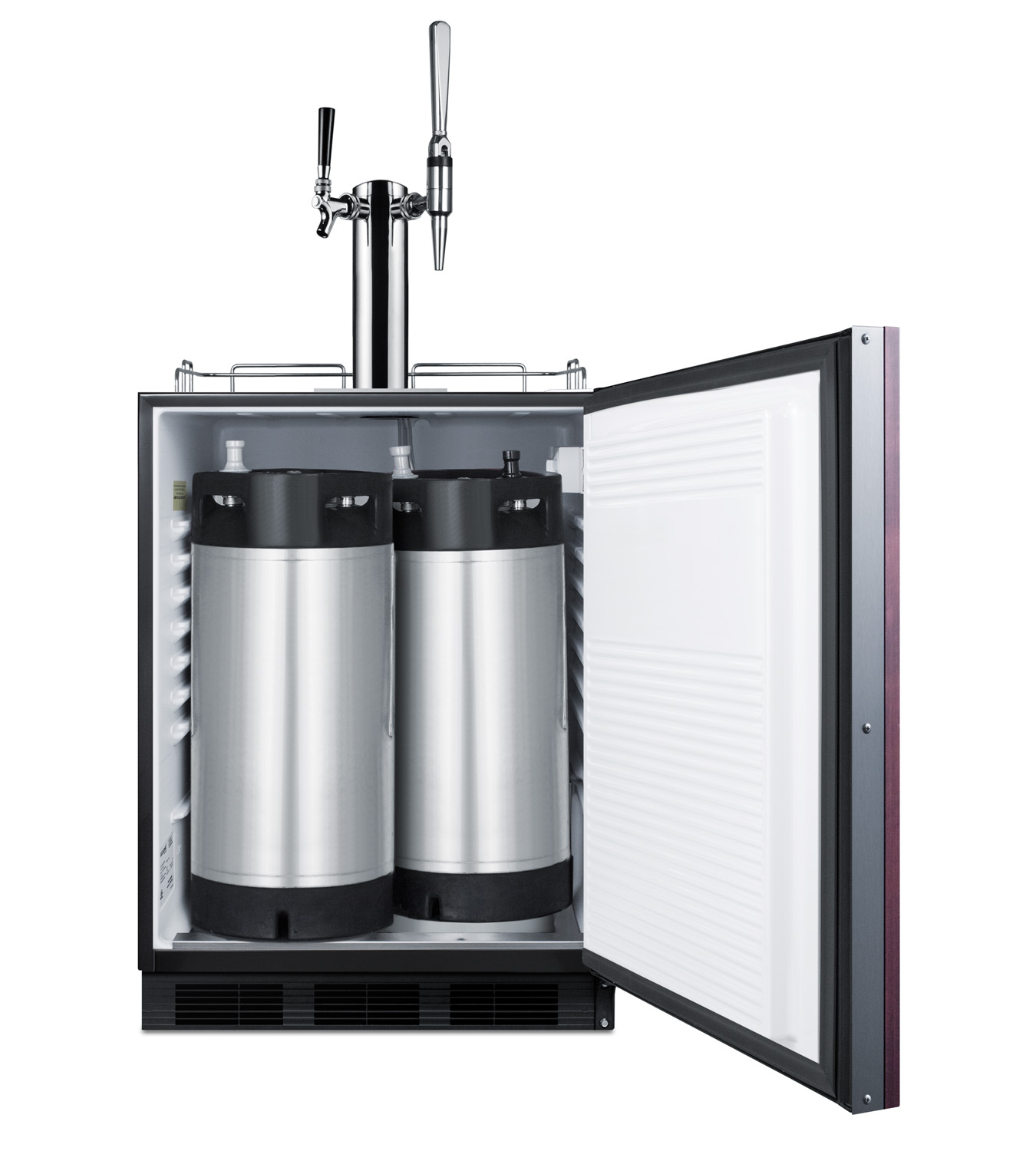 Built-in undercounter ADA height commercially listed dual tap combo nitro/cold brew coffee dispenser with panel-ready door and black cabinet